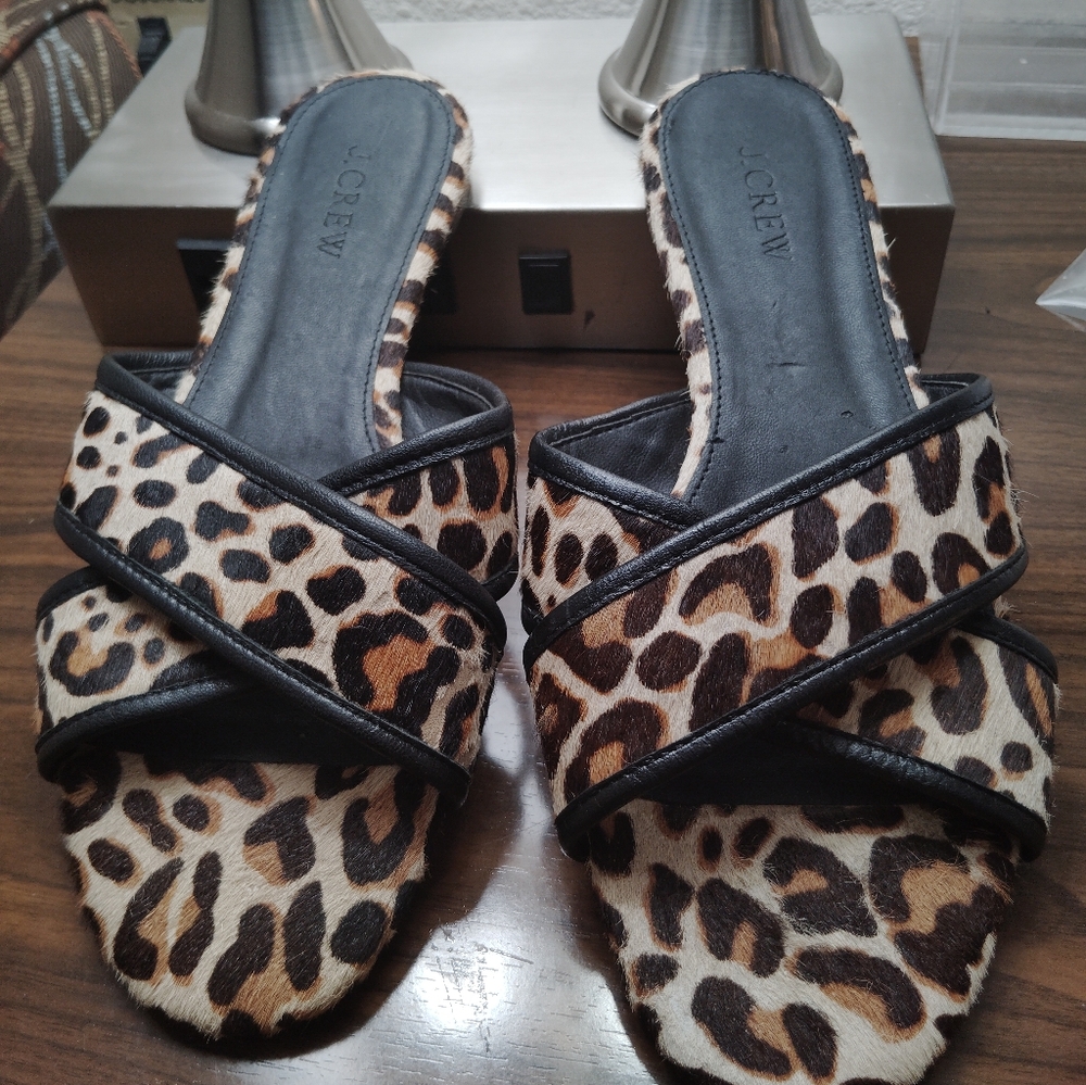 J. Crew Animal Print Slide Sandals with Black Trim Size 8.5